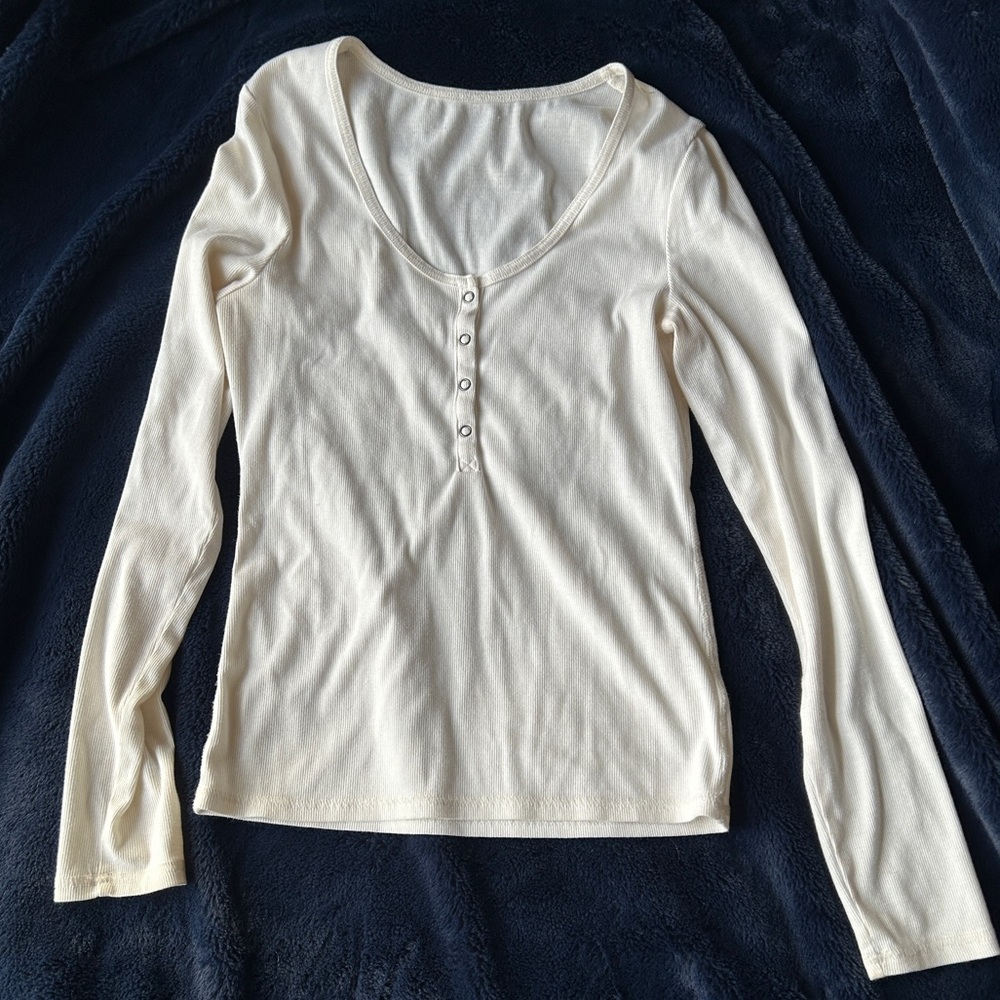 Women's White Long Sleeve Henley Top
